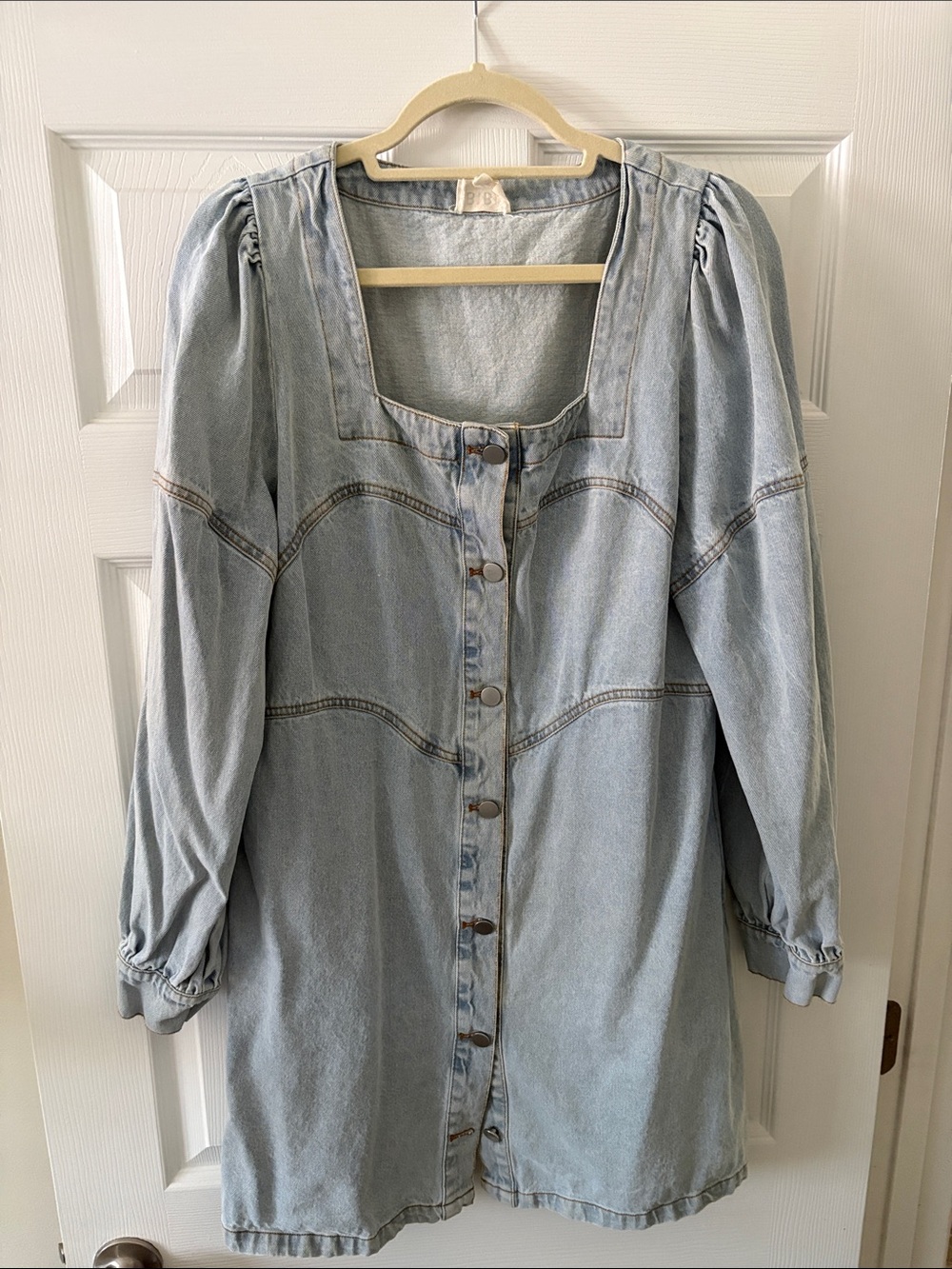 BiBi Light Blue Denim Button-Up Dress with Puff Sleeves